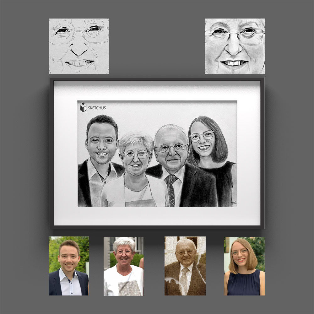 Familienportrait Bilder zeichnen lassen Skizze malen Eltern Zeichnung Familienbild Gemälde Hochzeitsportrait Gruppenportrai Pärchen Portraits für Paare Sketchus